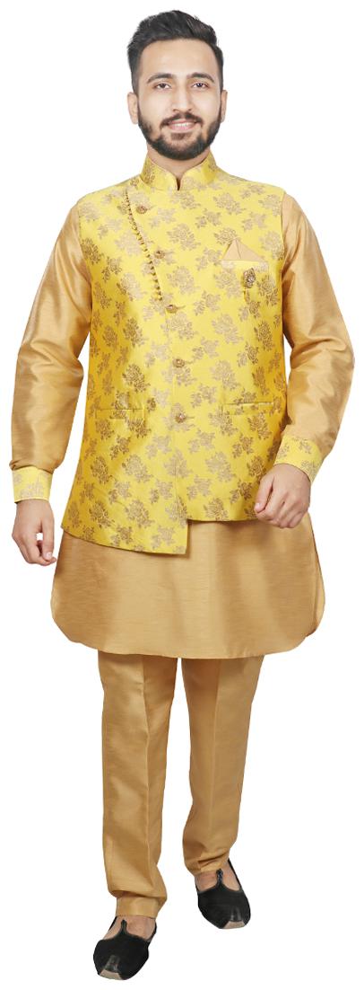 

SG RAJASAHAB Jacket Pathani with Pant set for Men Yellow