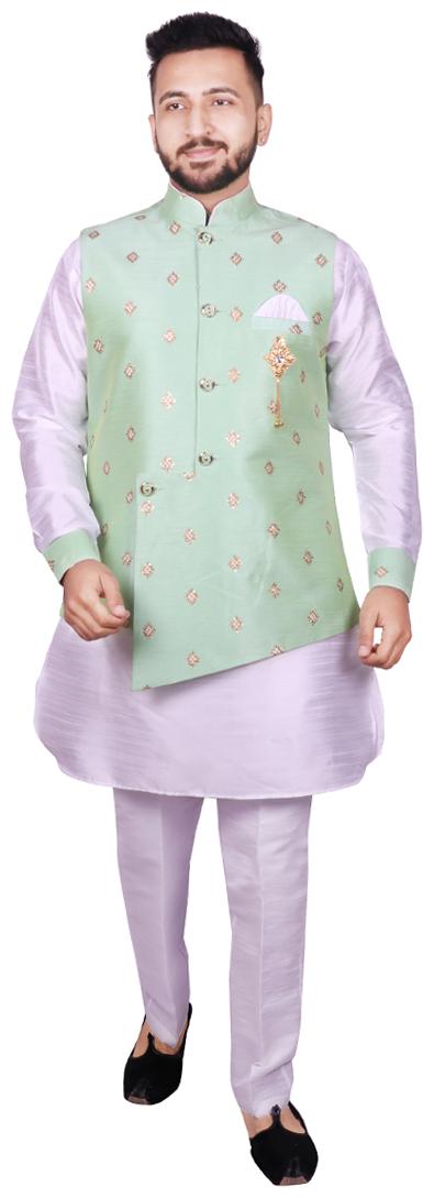 

SG RAJASAHAB Green Printed Kurta and Pyjamas With Nehru Jacket