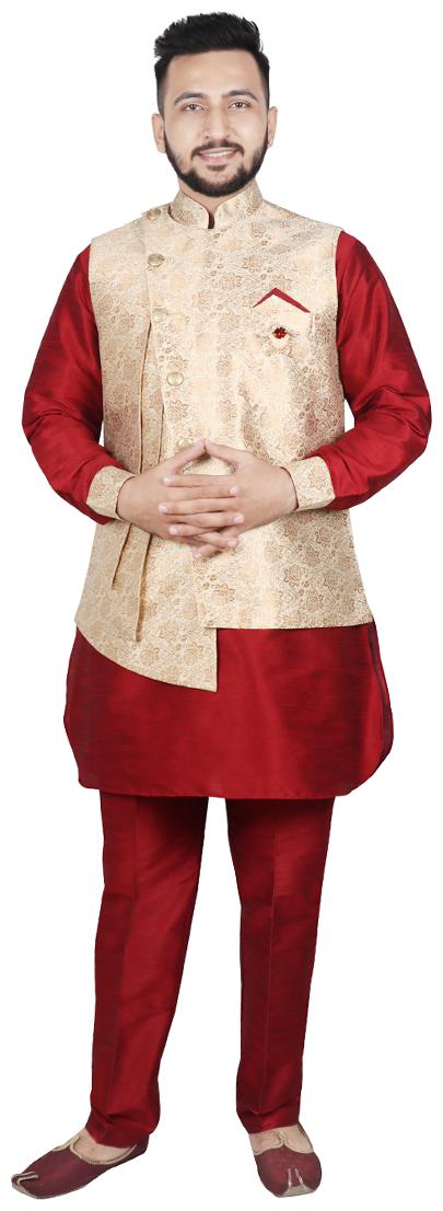 

SG RAJASAHAB Men Dupion Pathani Kurta pent with Jacket - Gold Maroon
