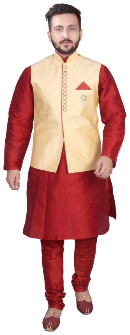 

SGLeeman Partywear Kurta churidar Pajama With Nehru Jackets Embellished Brooch Raw Silk Fabrics