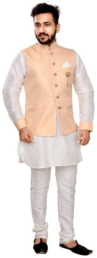 SGPartywer Stylish Kurta & Aligarh Pajama With Wais Coat Embellished Brooch Fancy Button With kurta & white Aligarh pajama Lemon Wais Coat Duppin Silk Fabrics