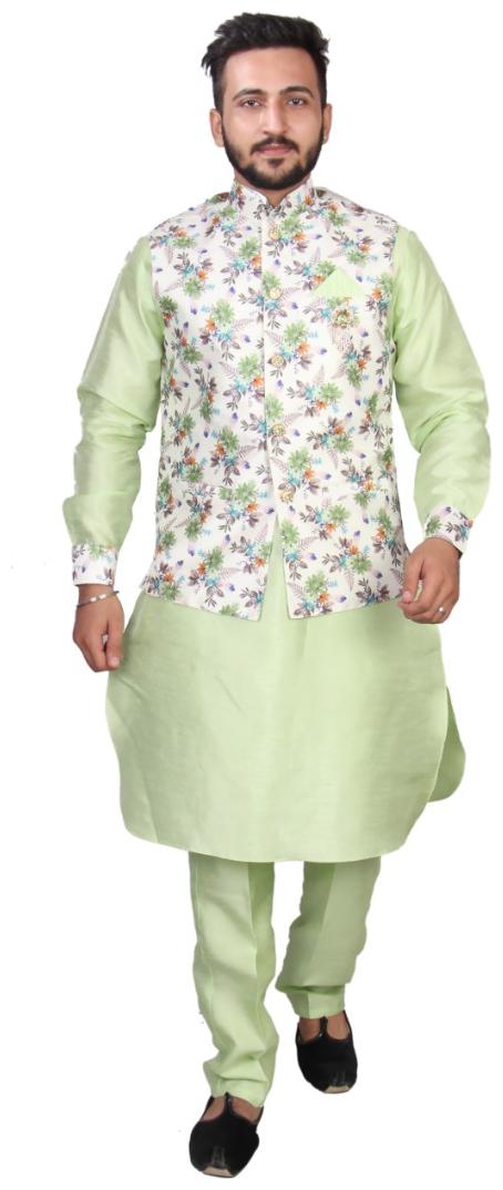 

SGRAJASAHAB Partywear Men s Kurta Pajama With Printed Nehru Jackets Raw Silk Fabrics