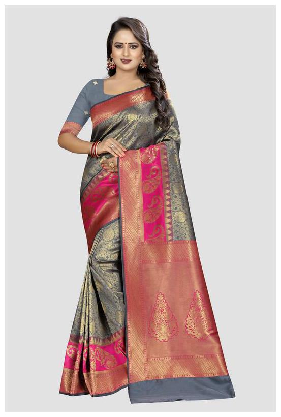 

SHARAA ETHNICA Grey Woven Banarasi Regular Saree With Blouse With blouse