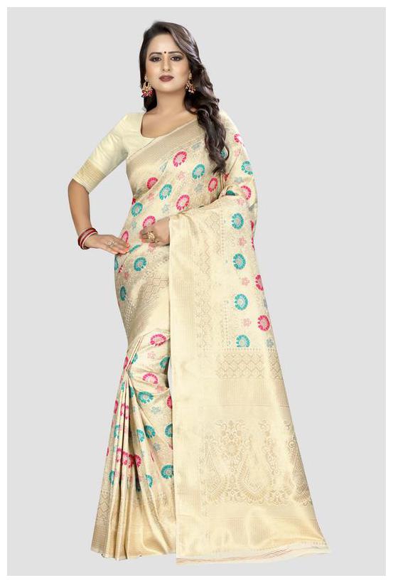 

SHARAA ETHNICA White Floral Banarasi Regular Saree With Blouse With blouse