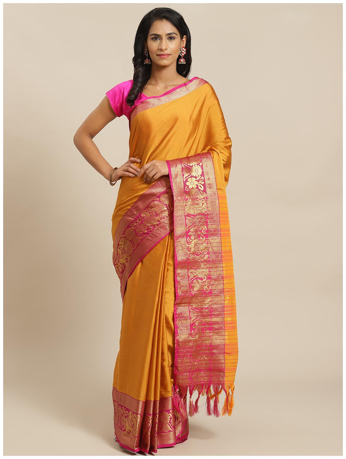 

Sharda Creation Women Cotton Solid Yellow Designer Saree With Blouse
