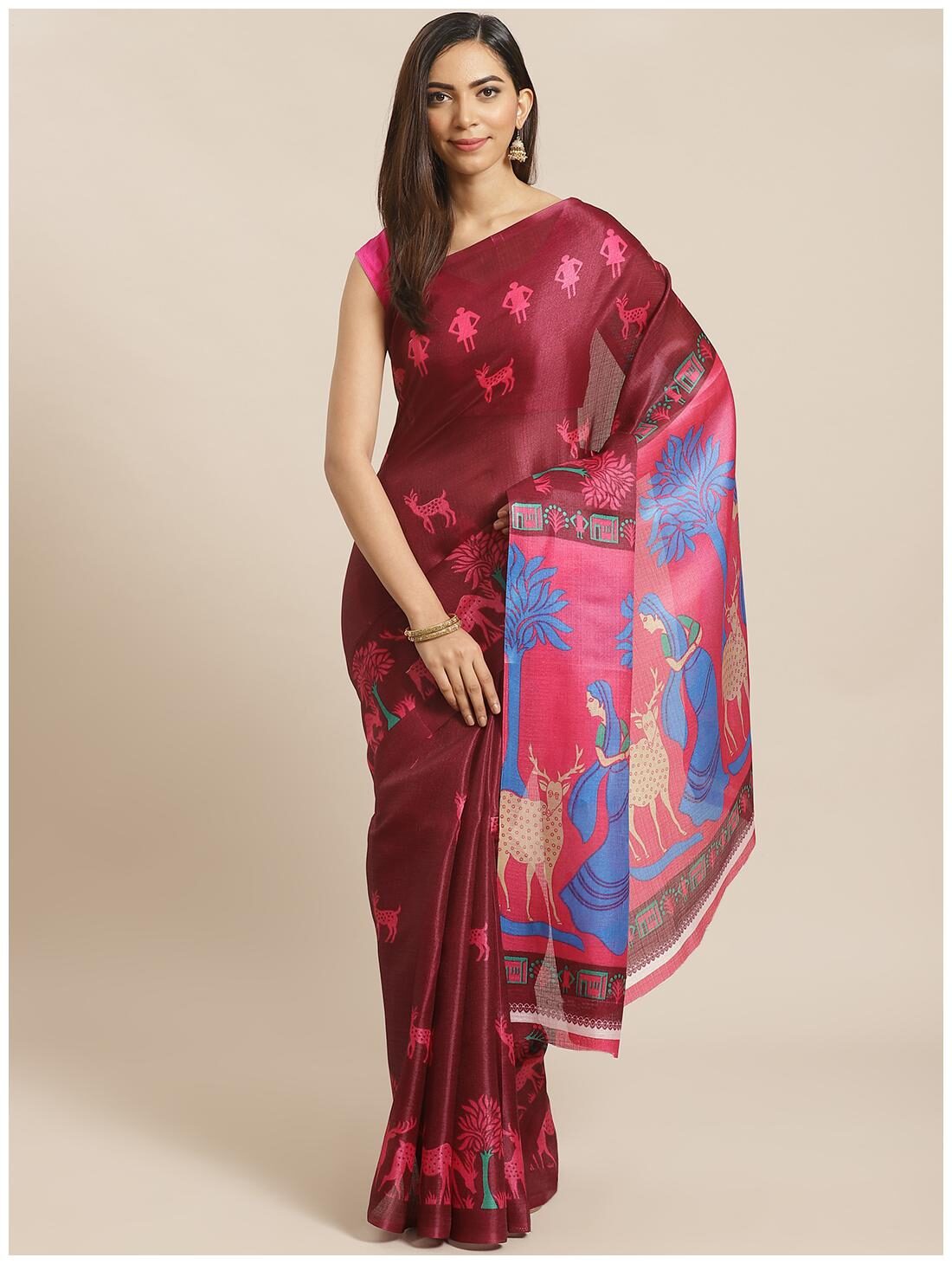

Sharda Creation Women Khadi Printed Maroon Designer Saree With Blouse
