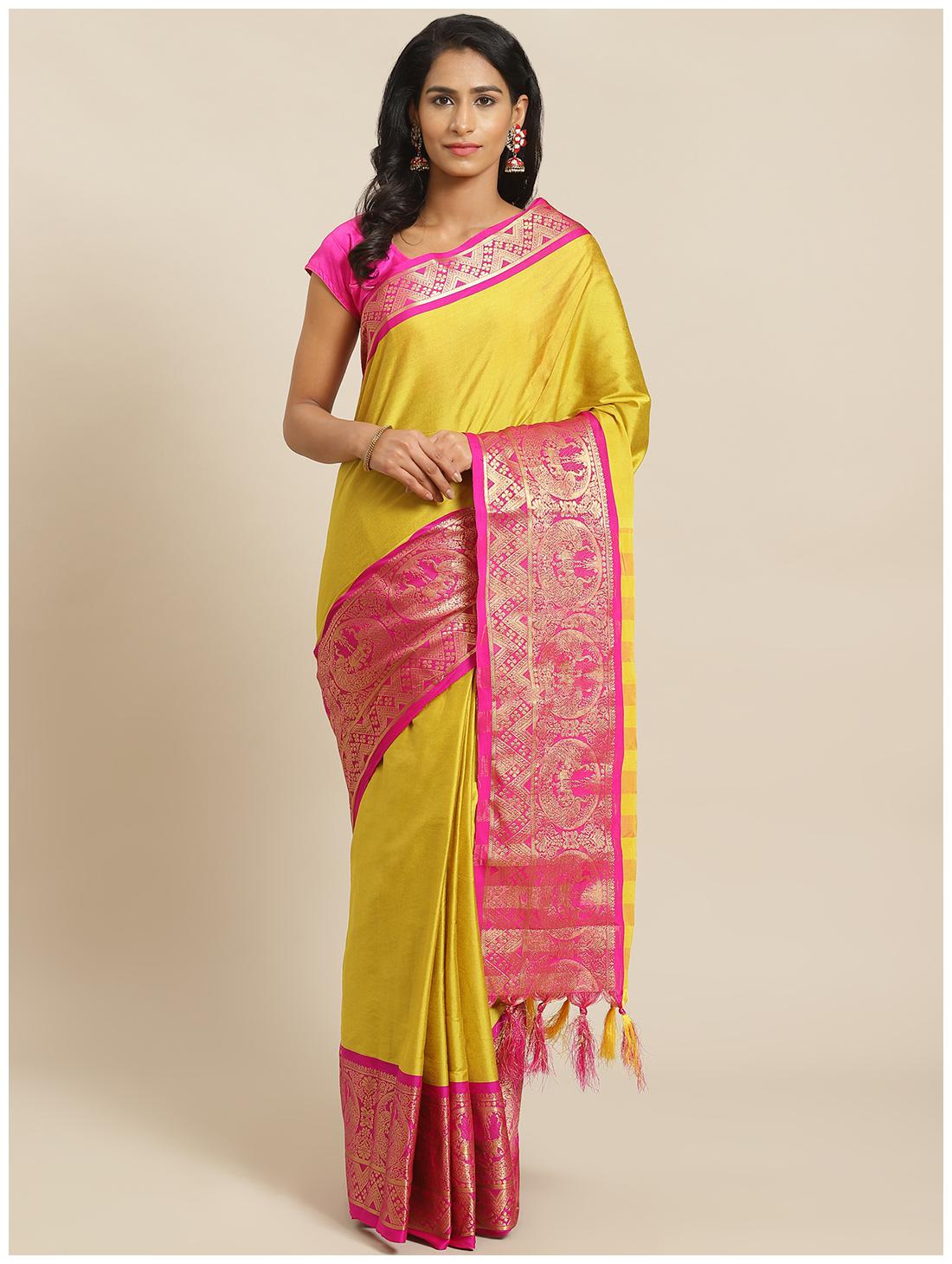 

Sharda Creation Women Cotton Solid Yellow Designer Saree With Blouse