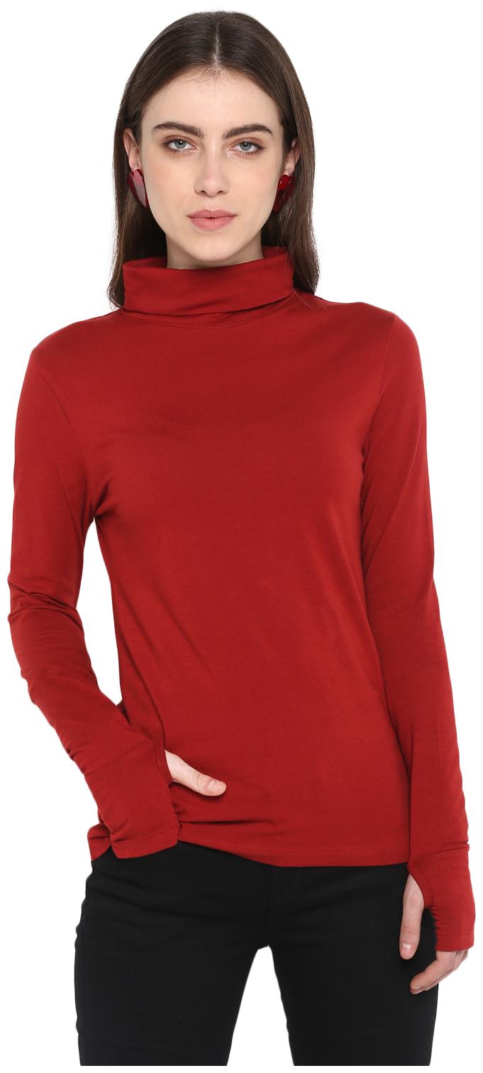 

SharkTribe Women Maroon Regular fit High neck Cotton T shirt