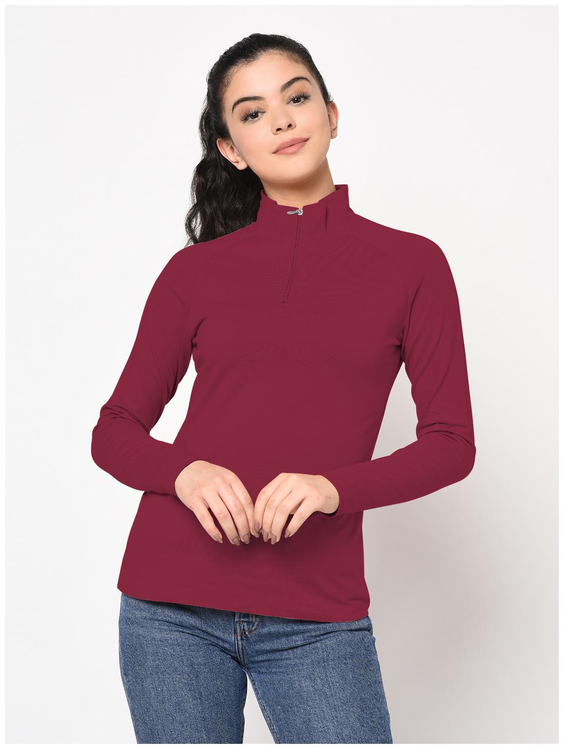 

SharkTribe Women Maroon Slim fit High neck Cotton T shirt