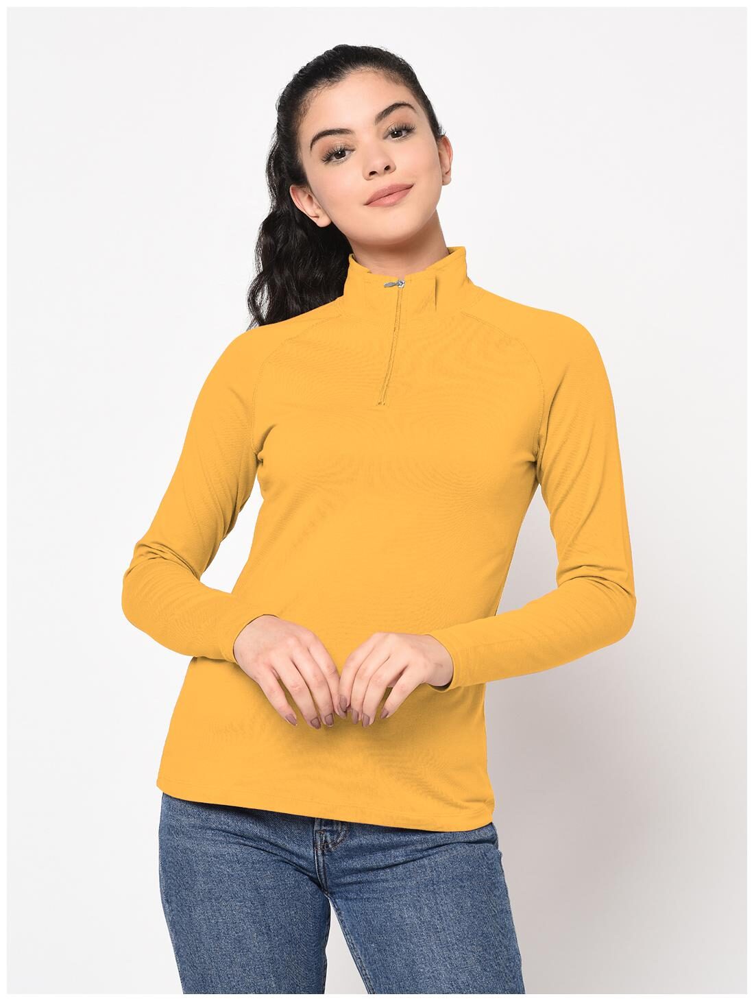

SharkTribe Women Mustard Slim fit High neck Cotton T shirt