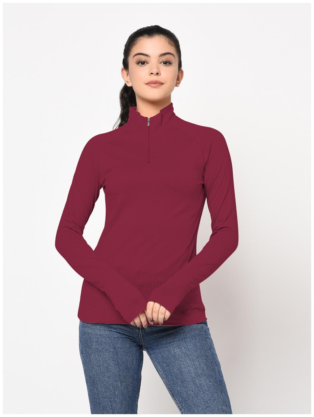 

SharkTribe Women Maroon Slim fit High neck Cotton T shirt