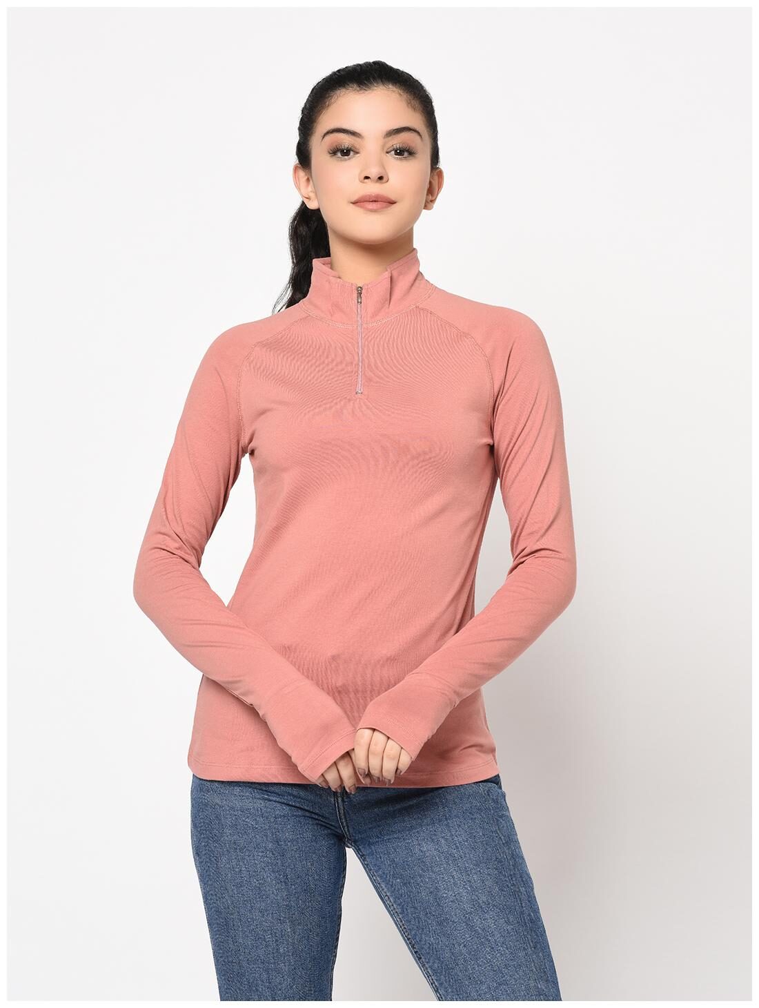

SharkTribe Women Pink Slim fit High neck Cotton T shirt