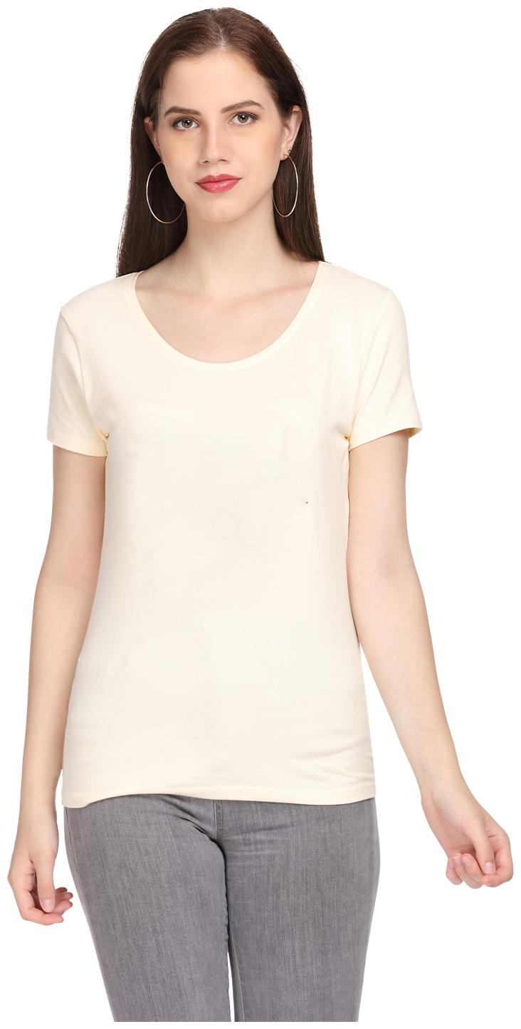 

SharkTribe Women Cream Slim fit Round neck Cotton T shirt