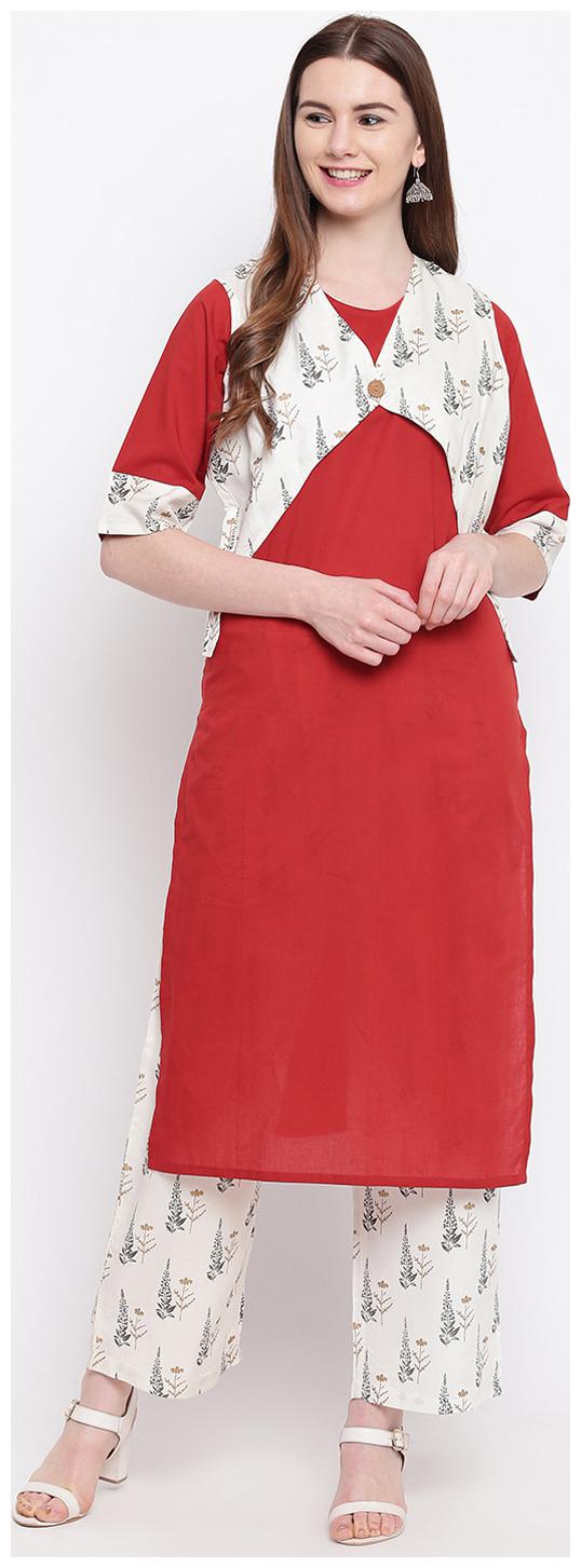 

Sheryl Cotton A-Line Kurta With Pants - Beige and Red