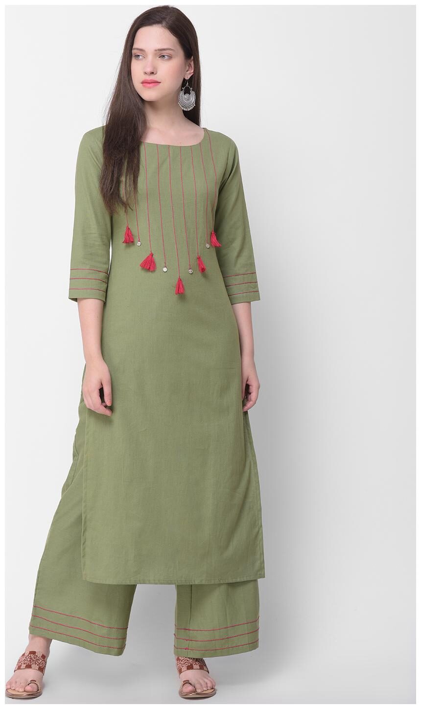 

SHERYL Solid Cotton Kurta With Palazzo Green