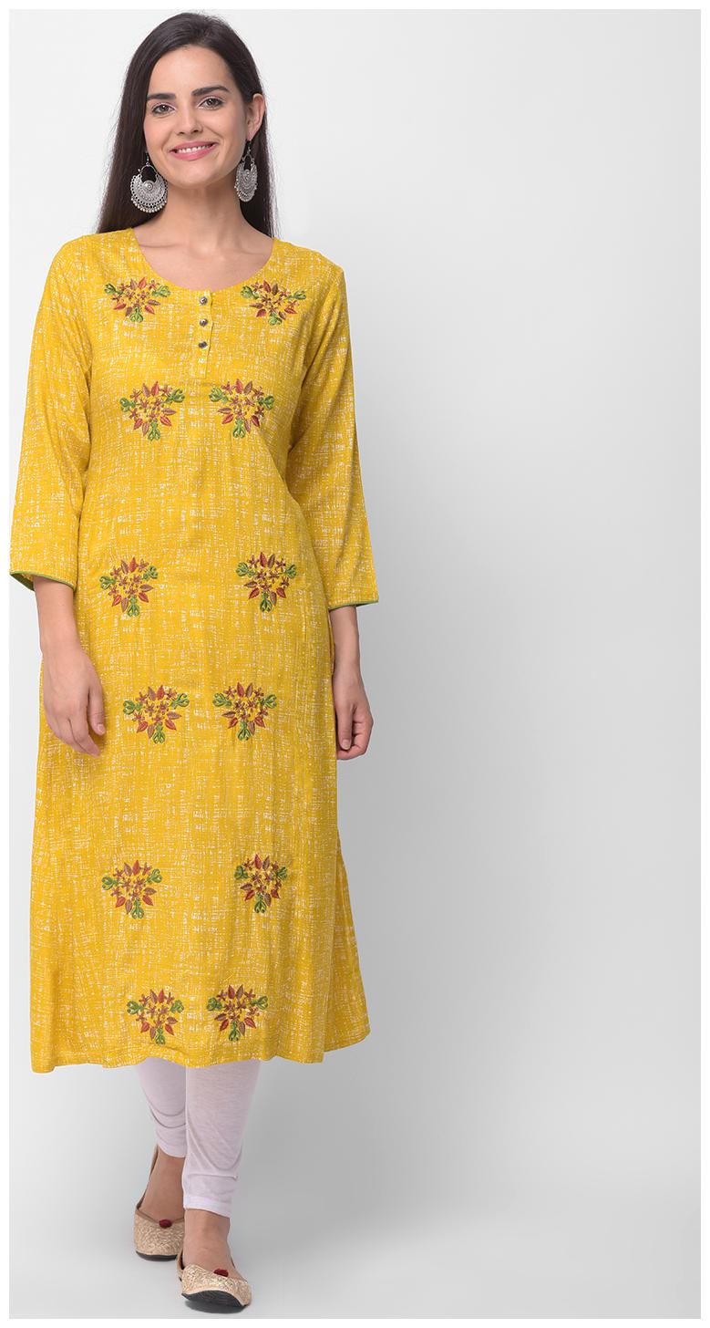 

Sheryl Women Rayon Printed A Line Kurti Yellow