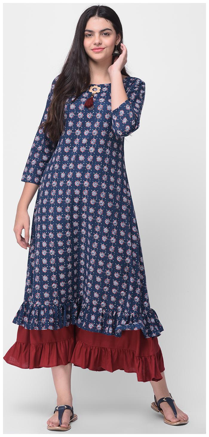 

Sheryl Women Cotton Printed A Line Kurti Dress Navy Blue Maroon
