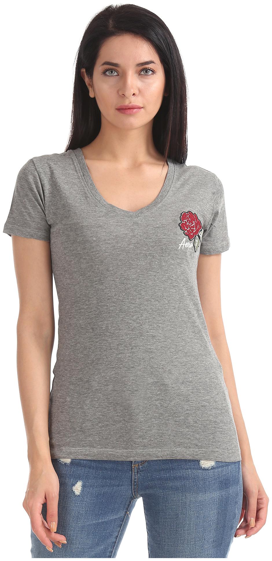 

Aeropostale Women Grey Regular fit V neck Cotton T shirt