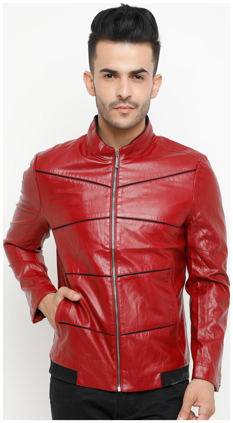

Show off Men Red Solid Leather jacket
