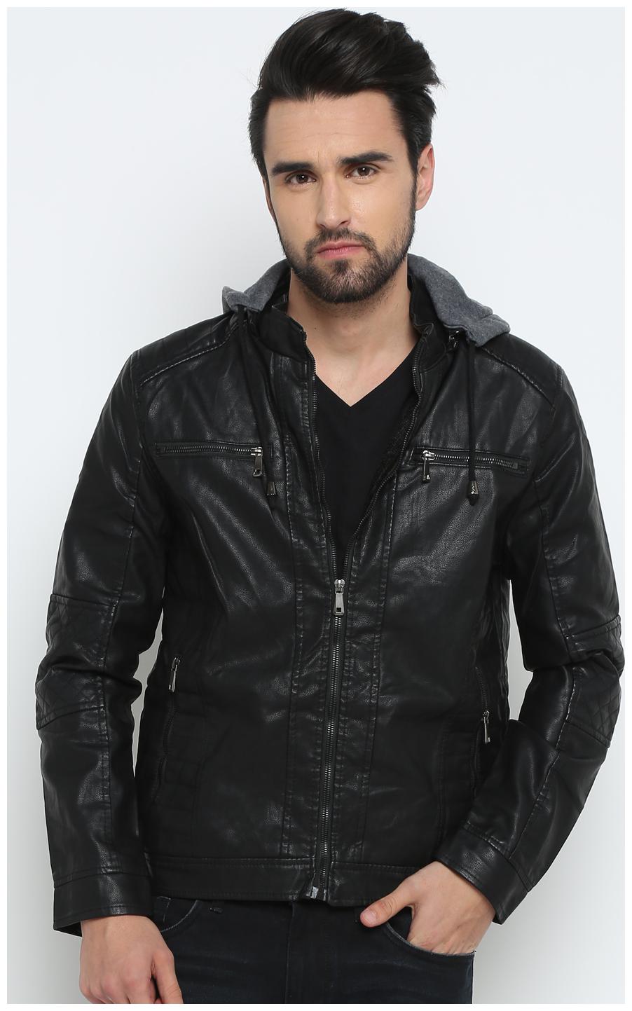 

Show off Men Black Solid Leather jacket