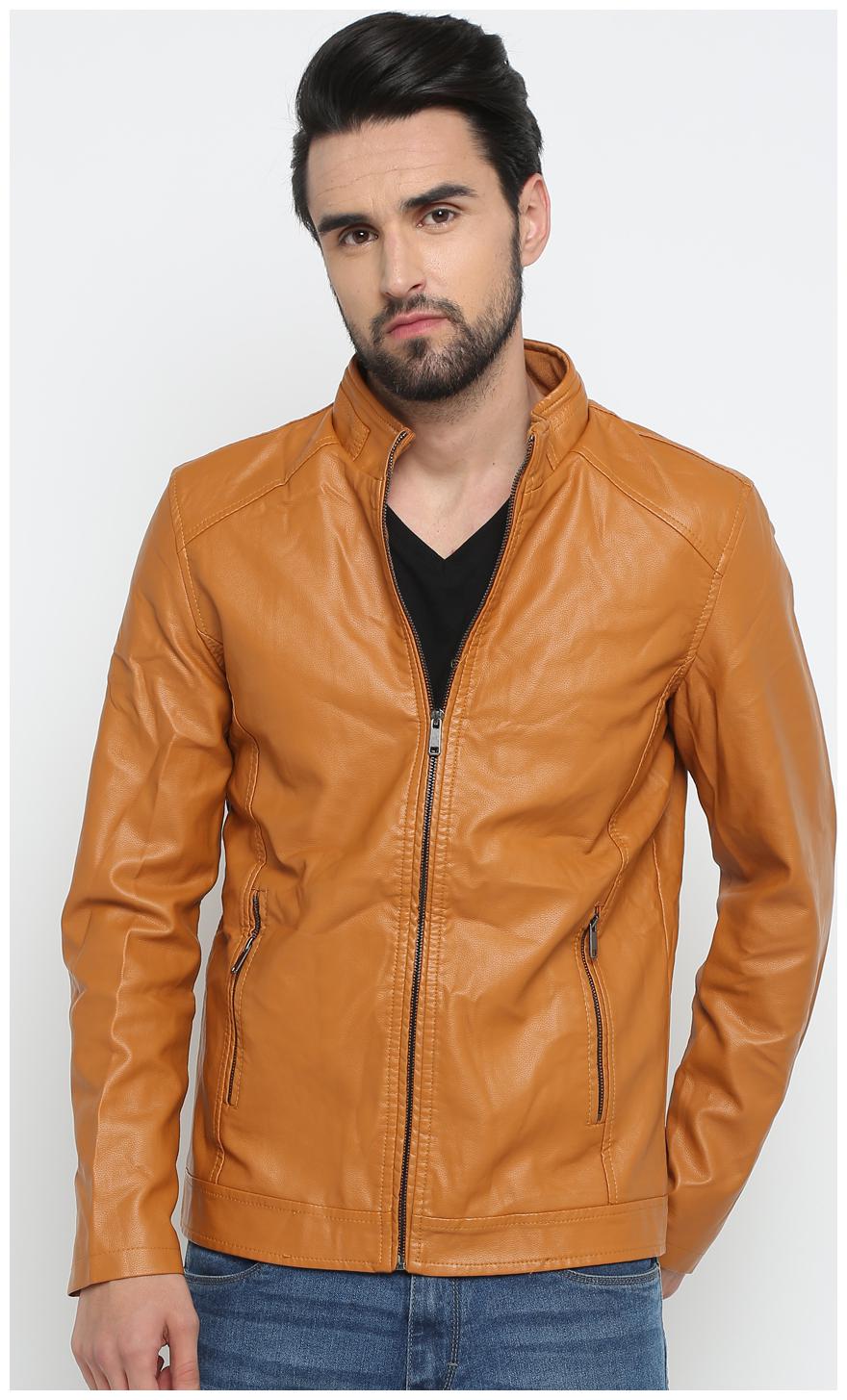 

Show off Men Beige Solid Leather jacket