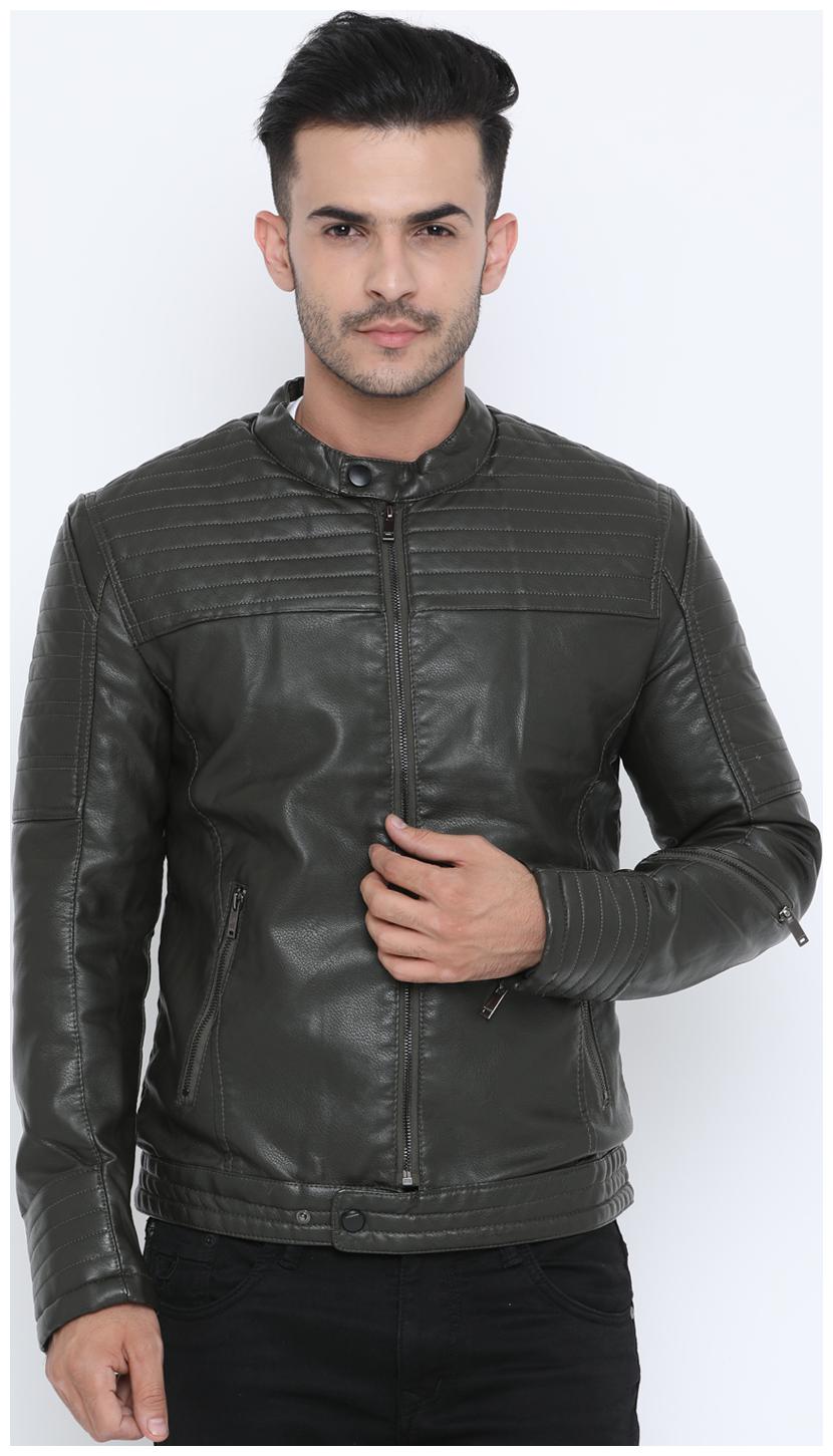 

Show off Men Black Solid Leather jacket