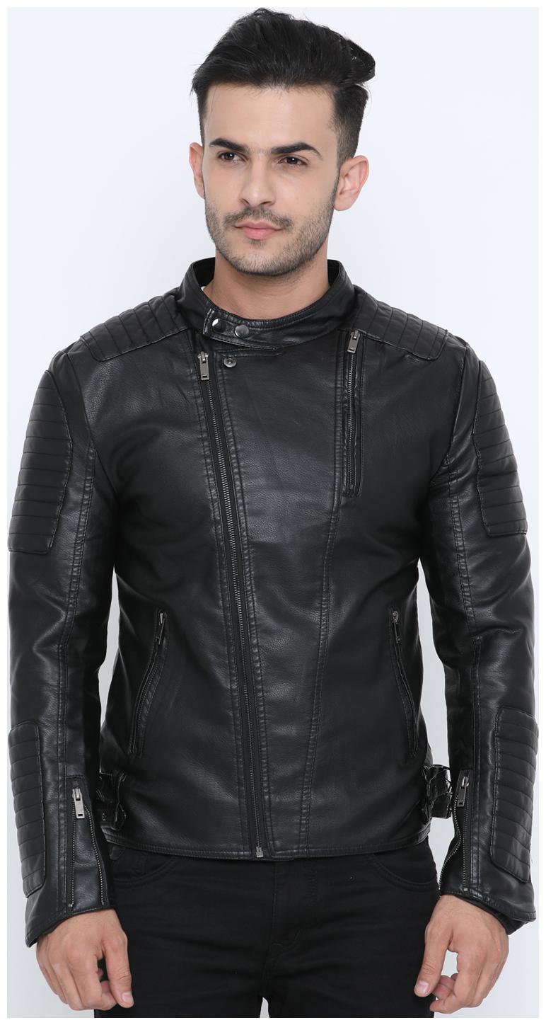 

Show off Men Black Solid Leather jacket