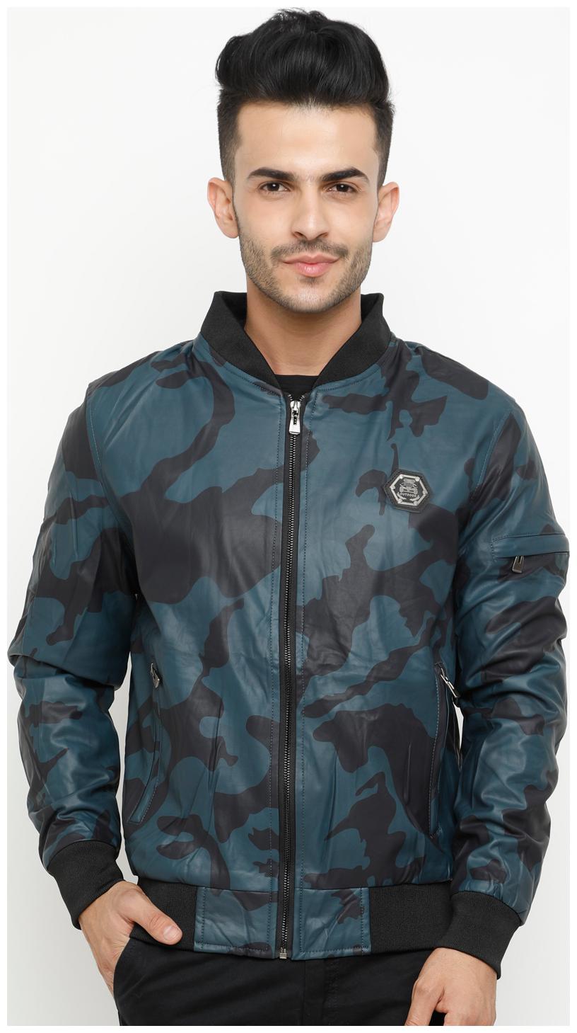 

Show off Men Blue Printed Leather jacket