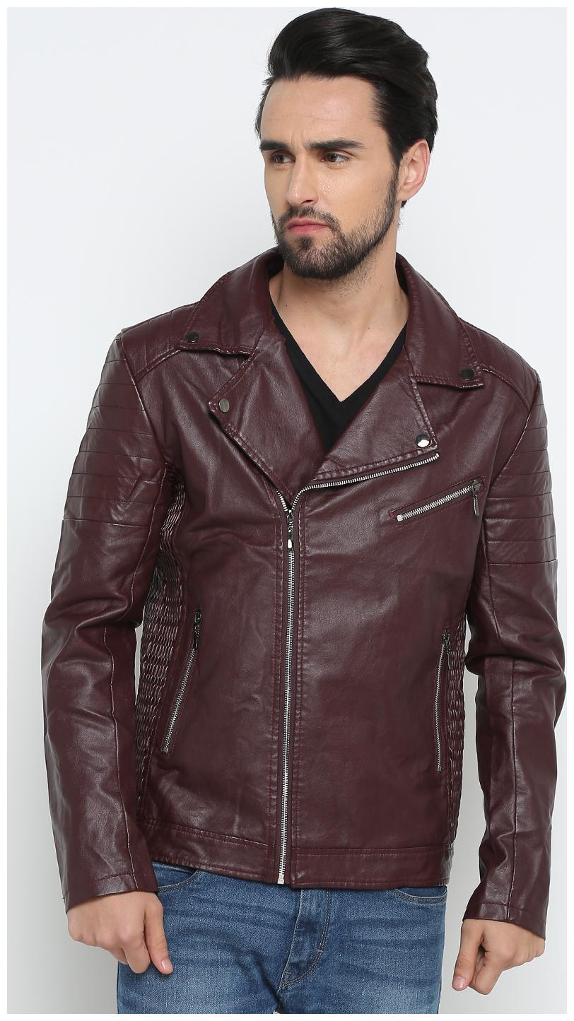 

Show off Men Maroon Solid Leather jacket