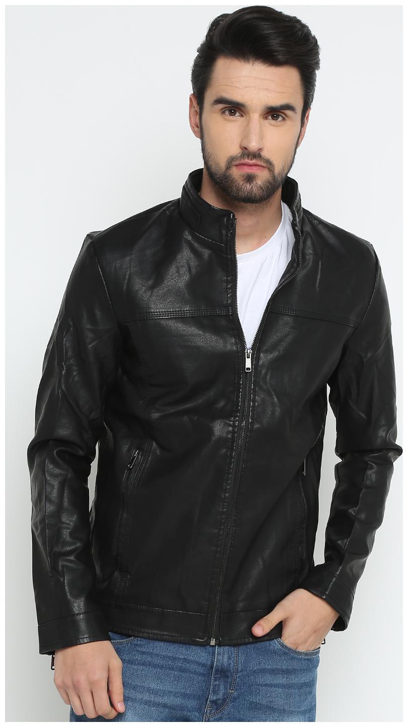 

Show off Men Black Solid Leather jacket