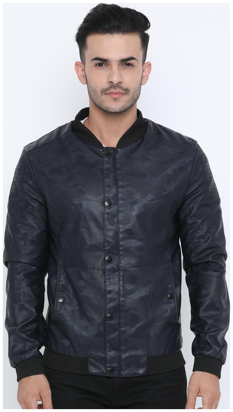 

Show off Men Blue Solid Leather jacket