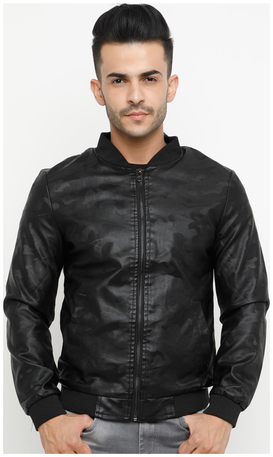 

Show off Men Black Printed Leather jacket