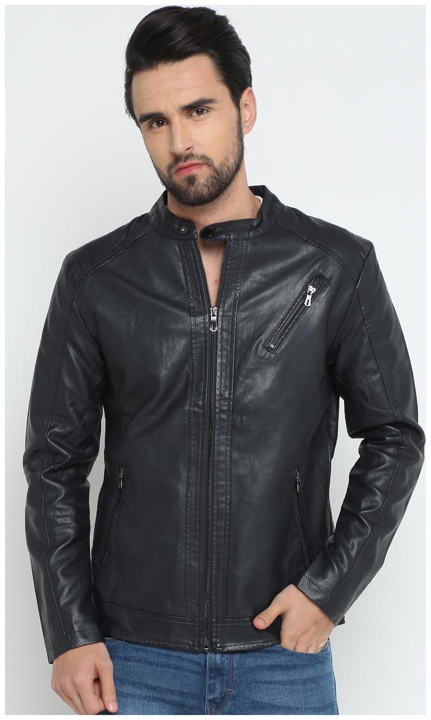 

Show off Men Blue Solid Leather jacket