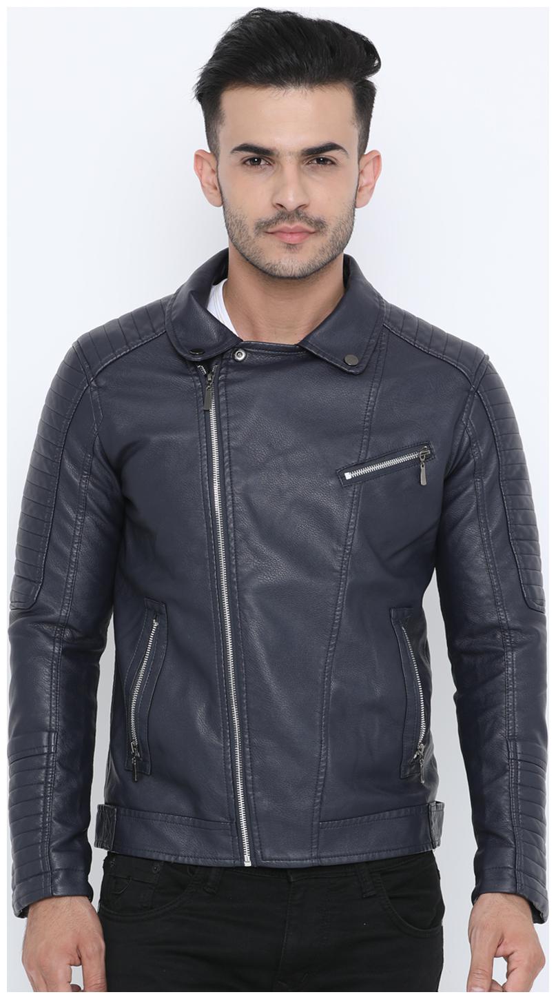 

Show off Men Blue Solid Leather jacket