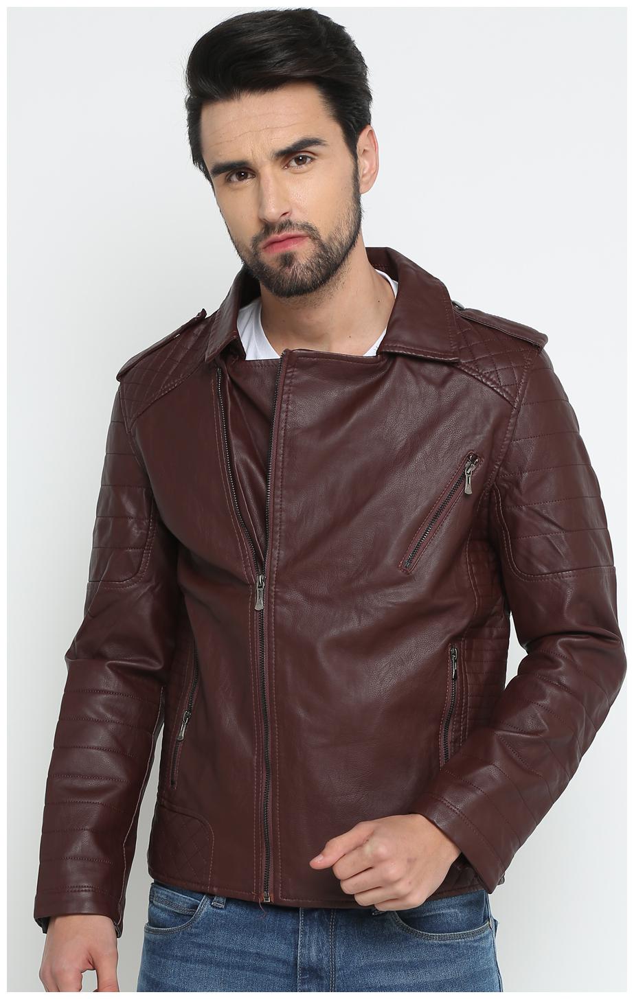 

Show off Men Maroon Solid Leather jacket