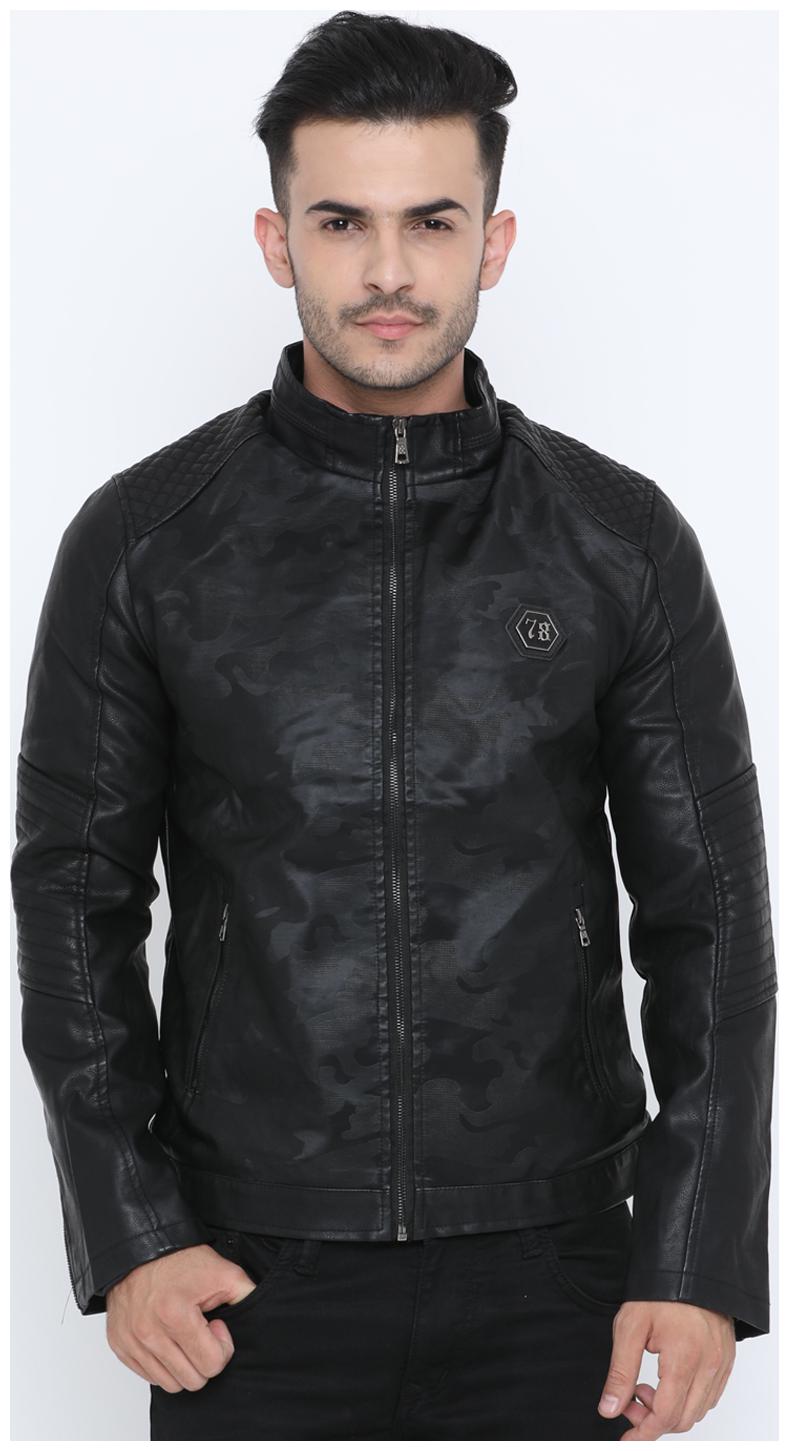 

Show off Men Black Printed Leather jacket