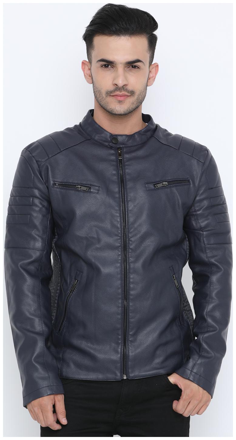 

Show off Men Blue Solid Leather jacket