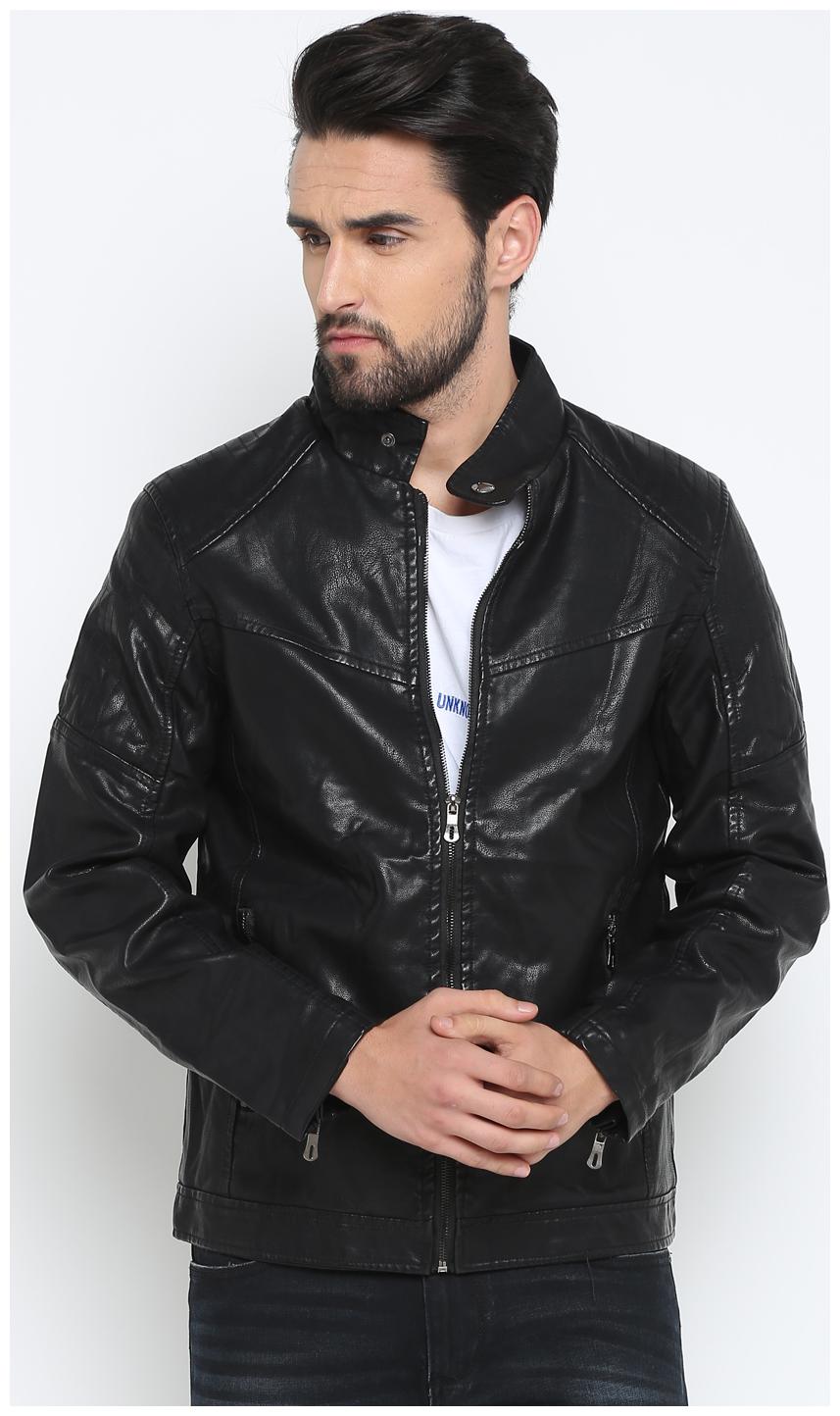 

Show off Men Black Solid Leather jacket
