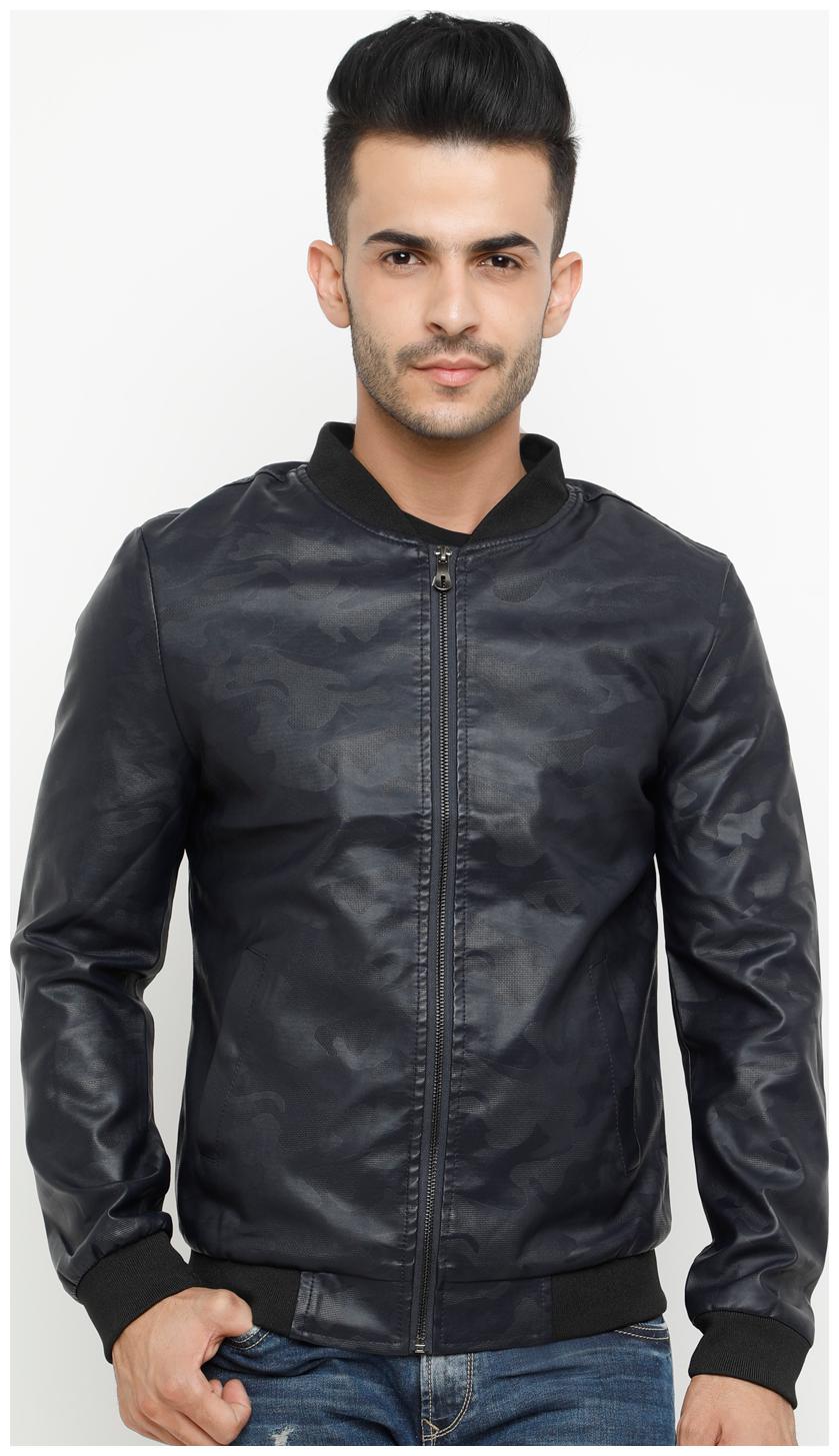 

Show off Men Blue Printed Leather jacket