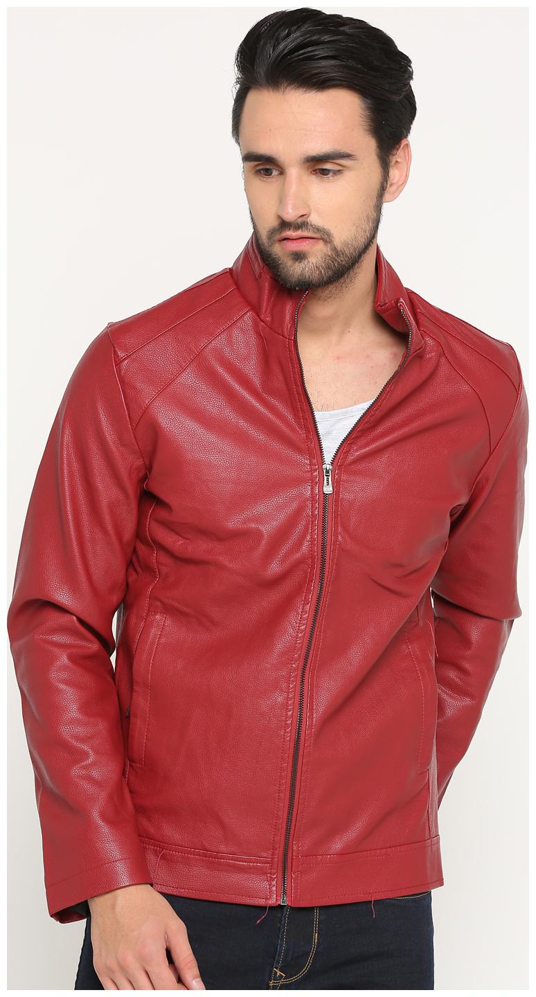 

Show off Men Red Solid Leather jacket