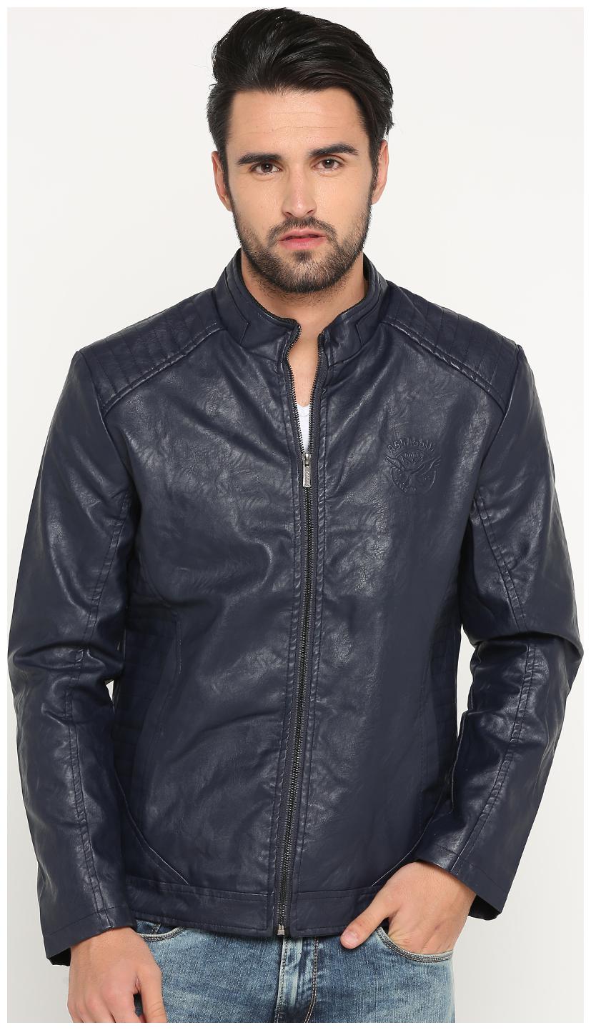 

Show off Men Blue Solid Leather jacket