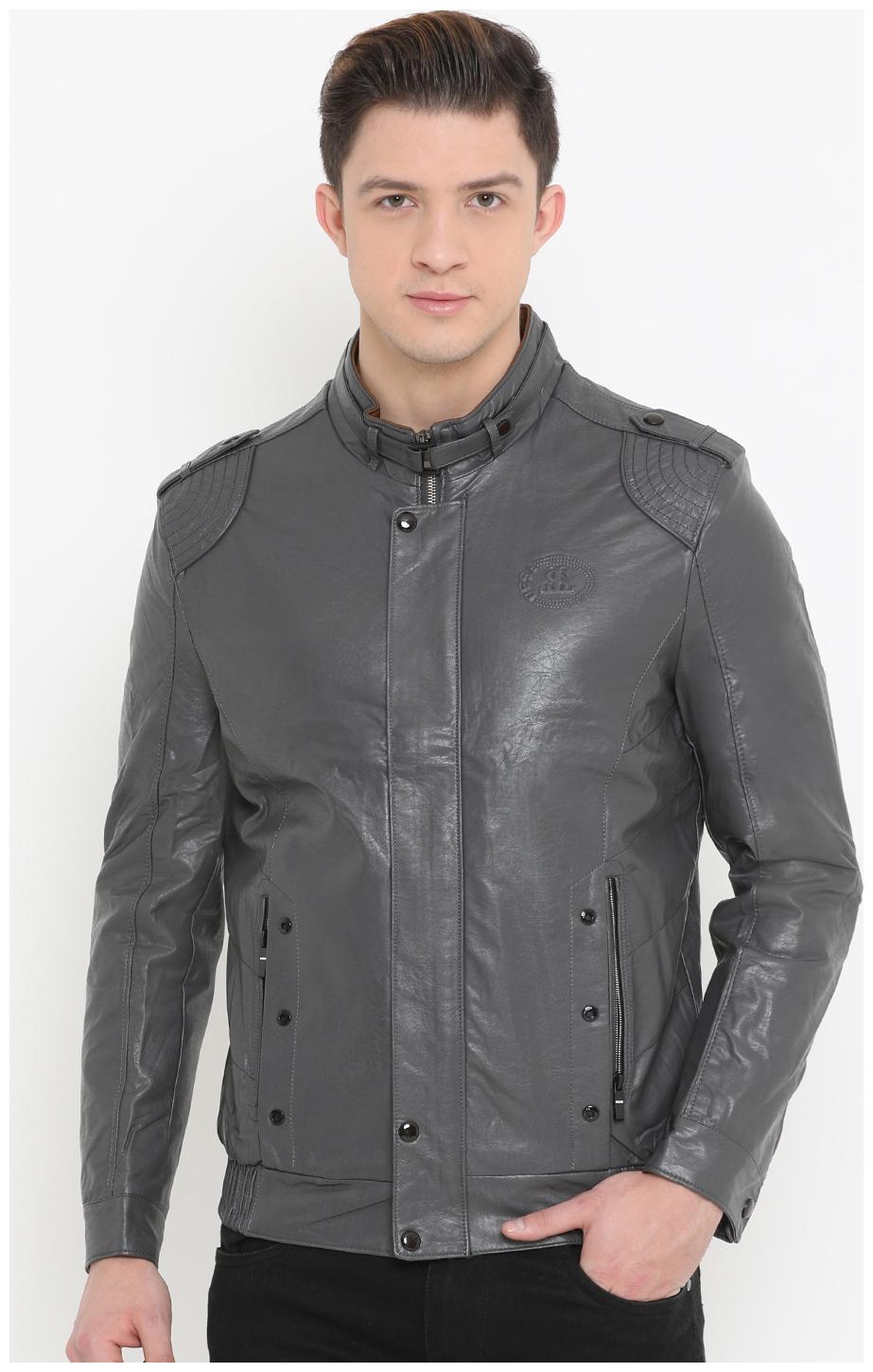 

Showoff Men Grey Solid Leather jacket