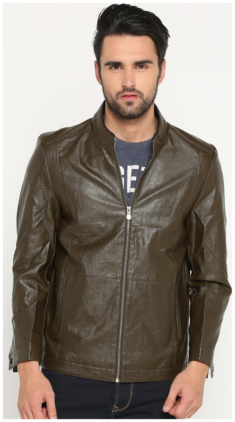 

Show off Men Green Solid Leather jacket