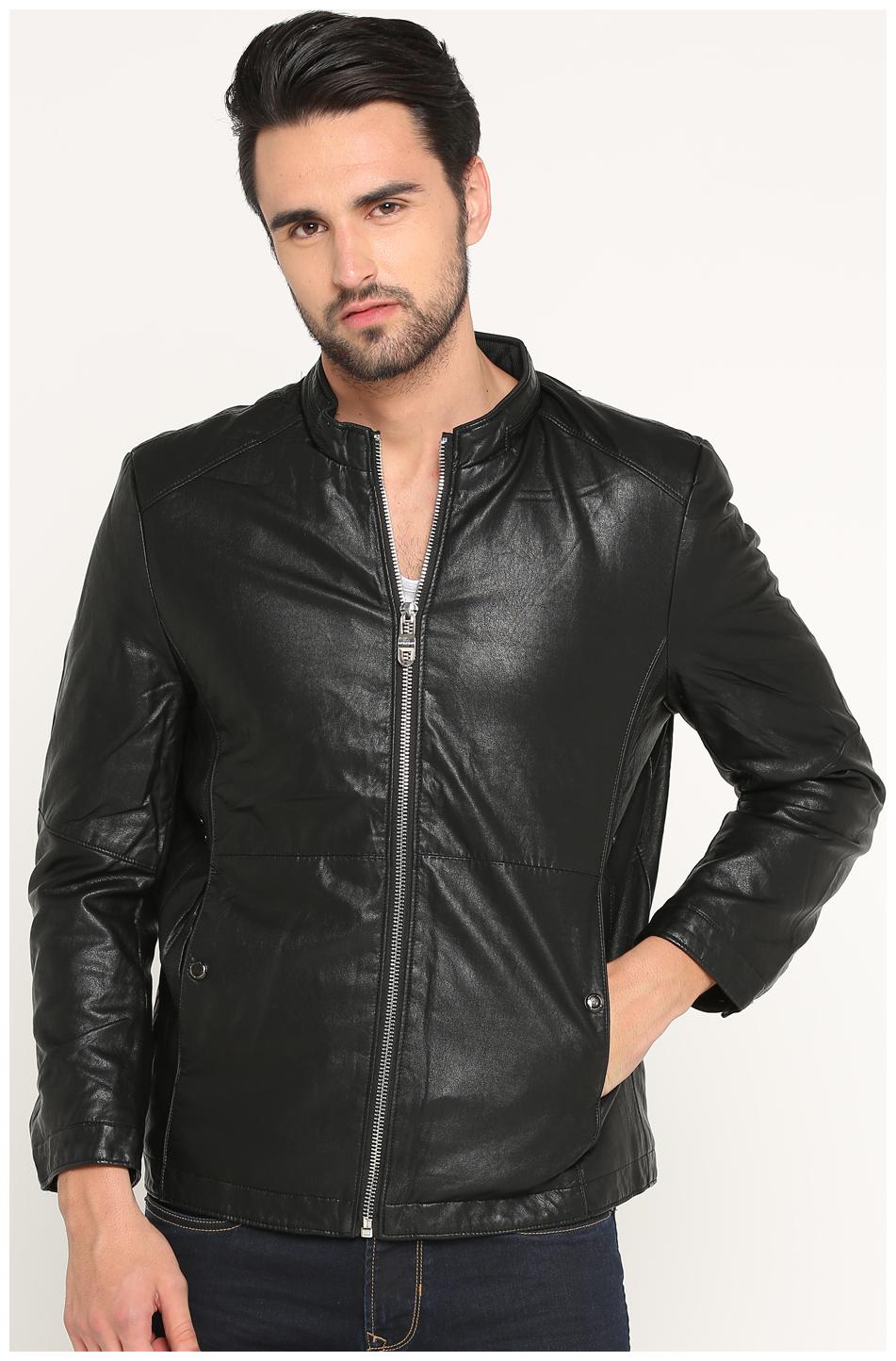 

Show off Men Black Solid Leather jacket