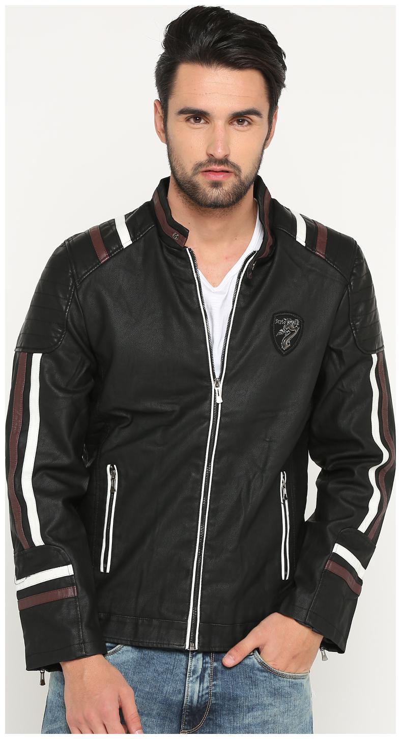 

Show off Men Black Solid Leather jacket