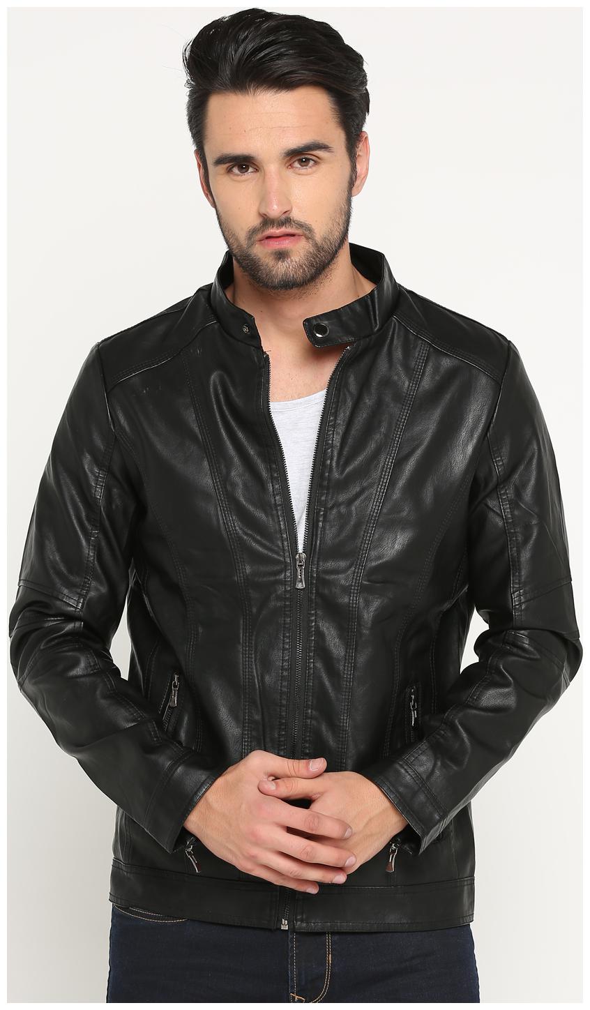 

Show off Men Black Solid Leather jacket