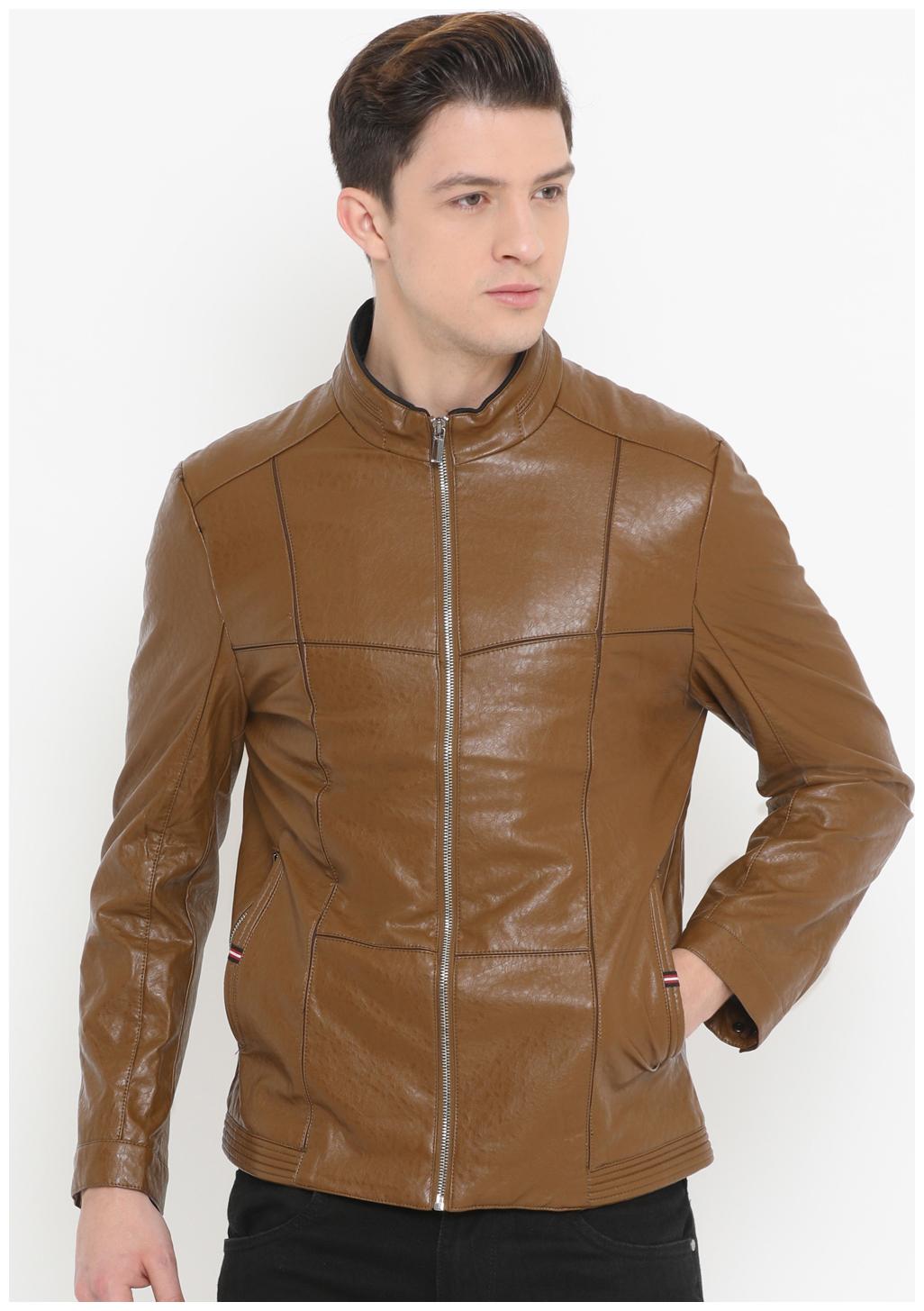 

Showoff Men Brown Solid Leather jacket