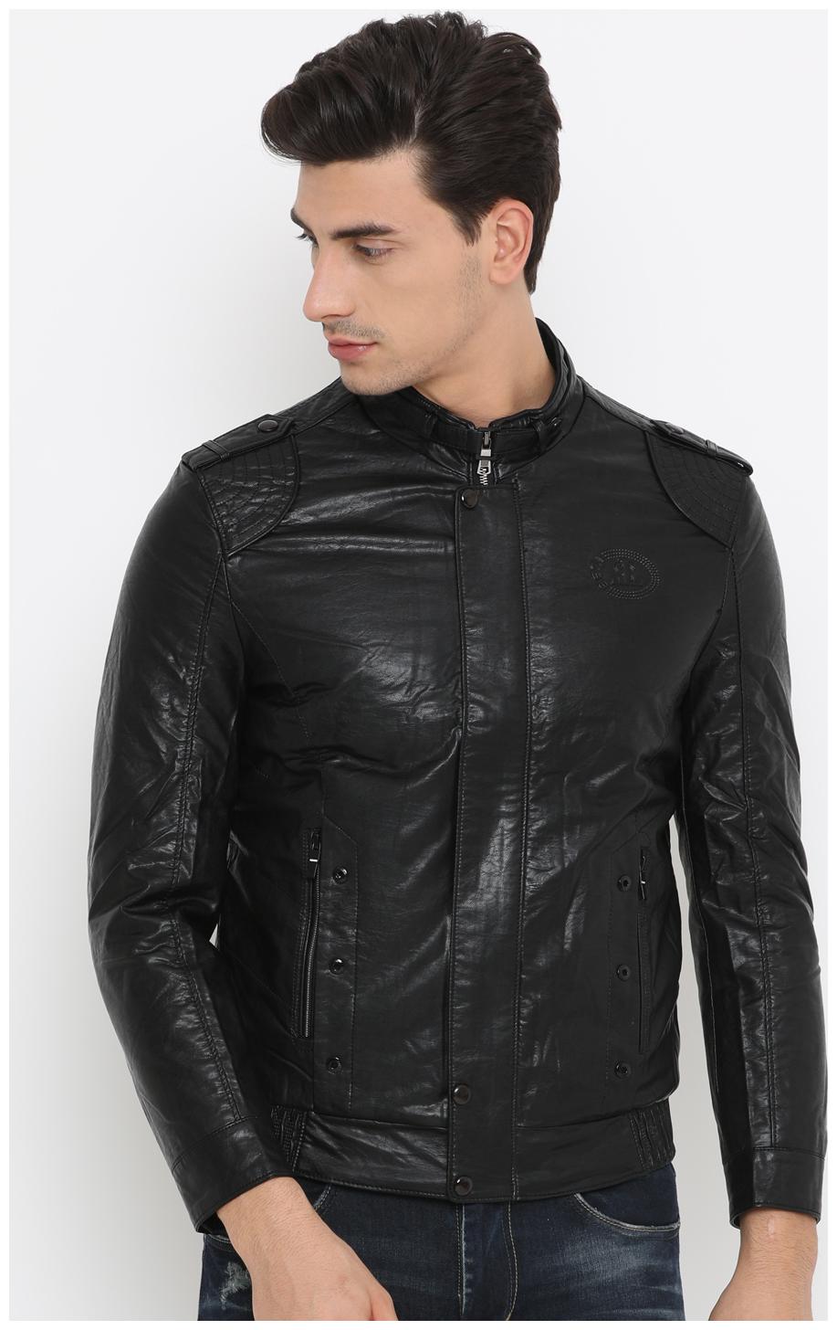 

Showoff Men Black Solid Leather jacket