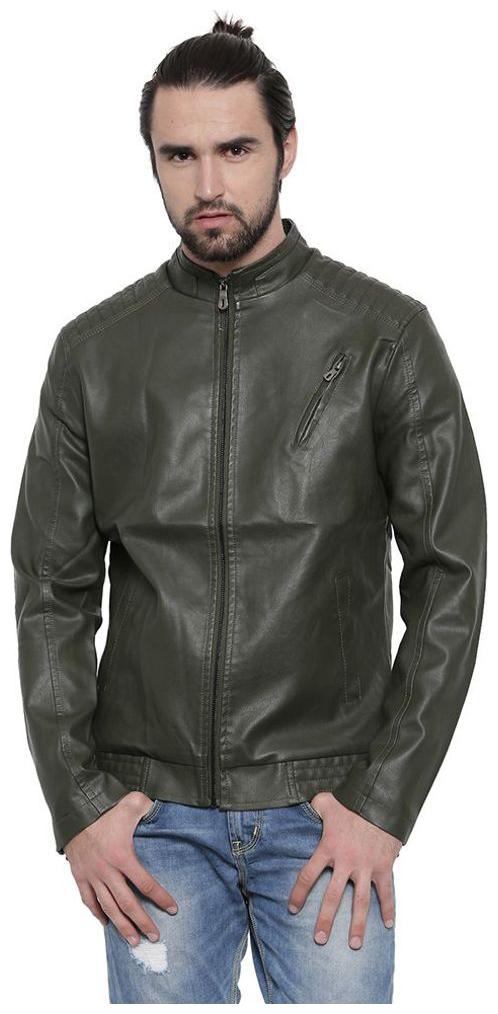 

Showoff Men Green Solid Leather jacket