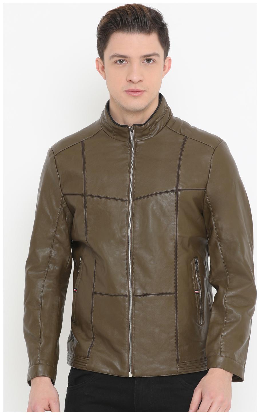 

Showoff Men Green Solid Leather jacket